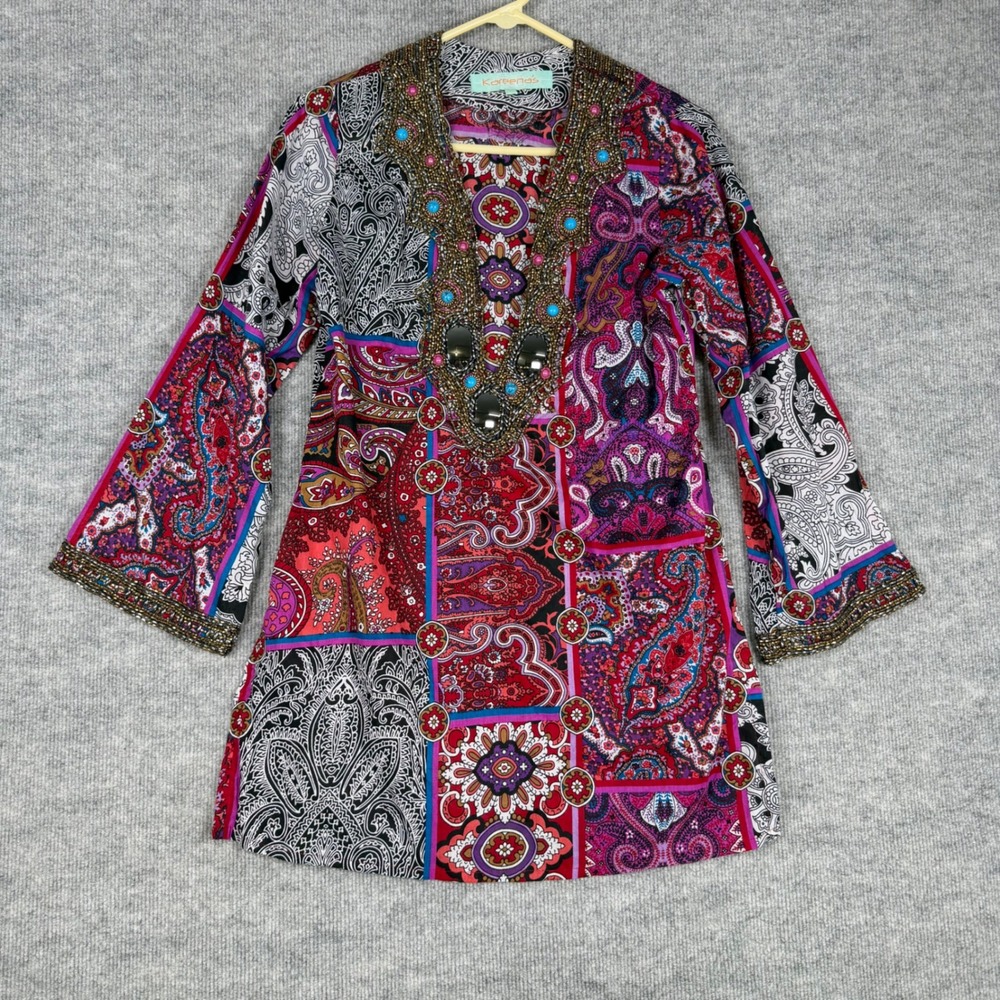 Kareena's Size-S Womens Silk Tunic Top Multicolor Paisley Beaded Boho